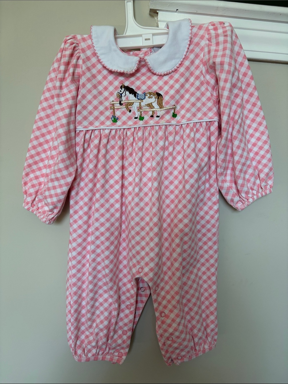 Pink Gingham Smocked Horse One-Piece Bodysuit for Kids